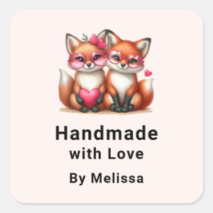 Handmade with Love Cute Orange Foxes in Love Square Sticker