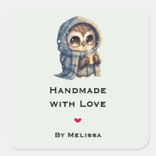 Handmade with Love Cute Owl Holding a Coffee Square Sticker