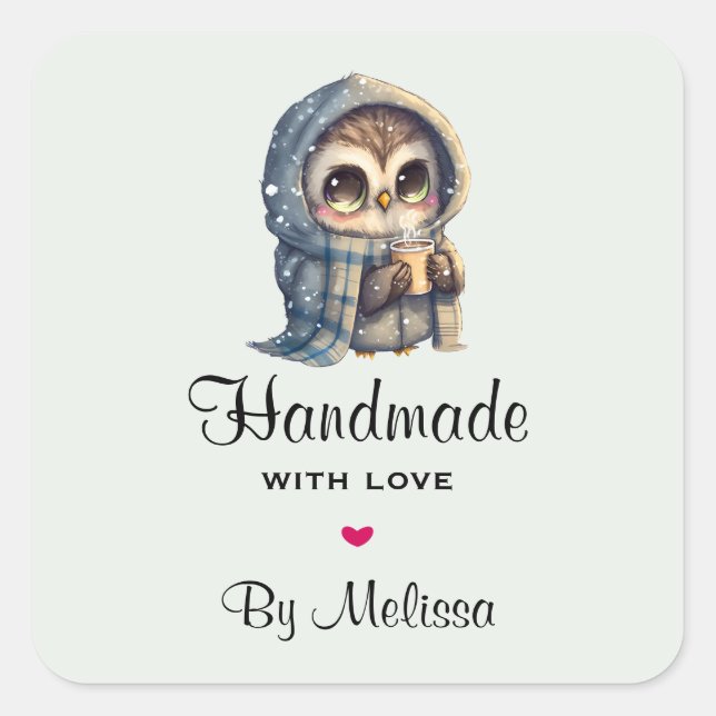Handmade with Love Cute Owl Holding a Coffee Square Sticker (Front)