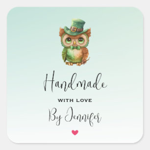 Handmade with Love Cute Owl in a Green Top Hat Square Sticker