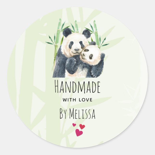 Handmade with Love Cute Panda Bears Cuddling Classic Round Sticker (Front)