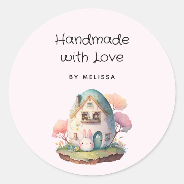 Handmade with Love Cute Pink Bunny Rabbit Kawaii Classic Round Sticker (Front)