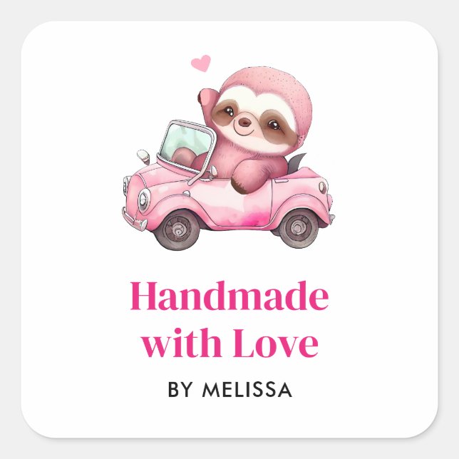 Handmade with Love Cute Pink Sloth Driving a Car Square Sticker (Front)