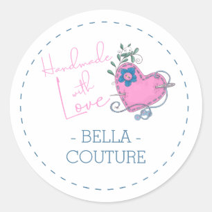 Handmade with Love Cute Sewing Theme Pink and Blue Classic Round Sticker