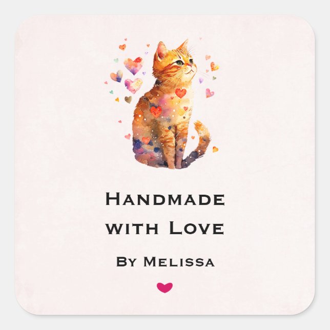 Handmade with Love Cute Tabby Cat with Hearts Square Sticker (Front)