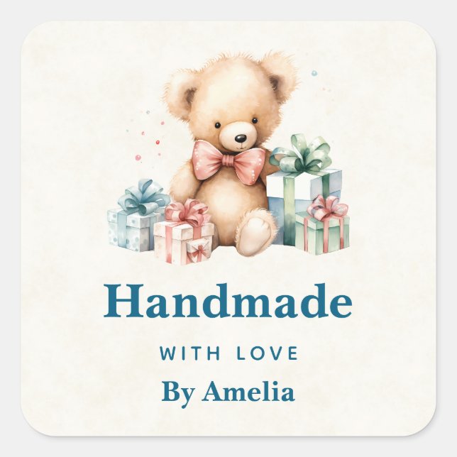 Handmade with Love Cute Teddy Bear Square Sticker (Front)