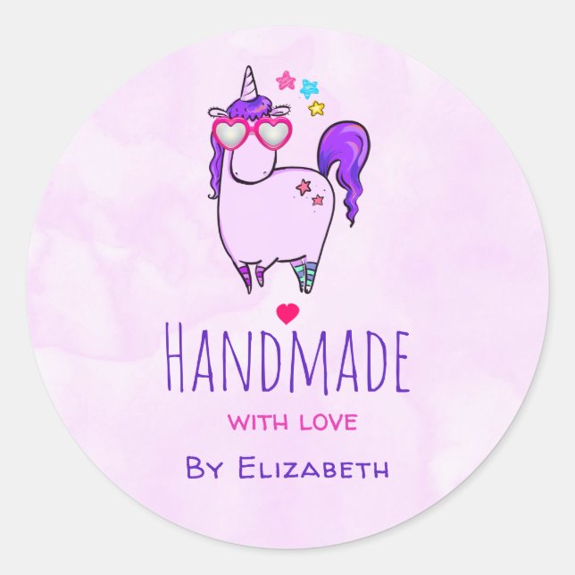 Handmade with Love Cute Unicorn in Heart Glasses Classic Round Sticker (Front)