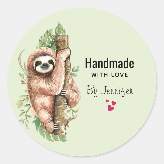 Handmade with Love Cute Watercolor Sloth Classic Round Sticker (Front)