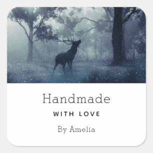Handmade with Love Deer with Antlers in a Forest Square Sticker