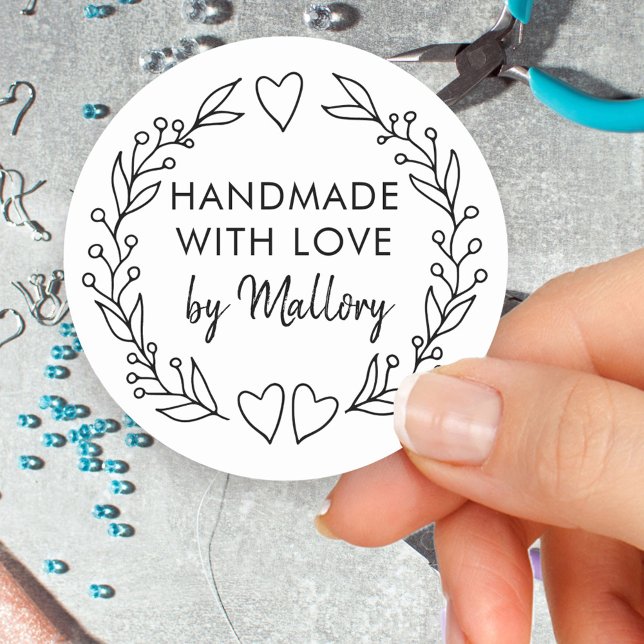 Handmade with Love Doodle Wreath Brush Script Classic Round Sticker (Handmade with Love signed stickers with line drawn wreath)