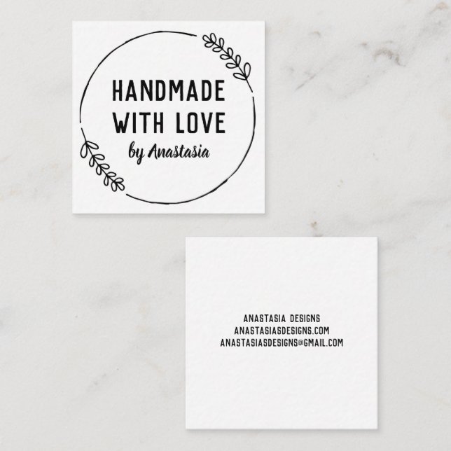 Handmade with Love Doodle Wreath Personalised Square Business Card (Front/Back)