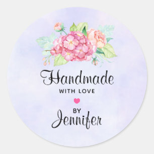 Handmade with Love Elegant Pink Watercolor Flowers Classic Round Sticker