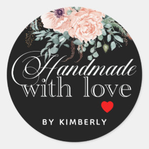 Handmade with Love Floral Black   Classic Round Sticker