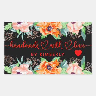Handmade with Love Floral Black Rectangular Sticke Rectangular Sticker