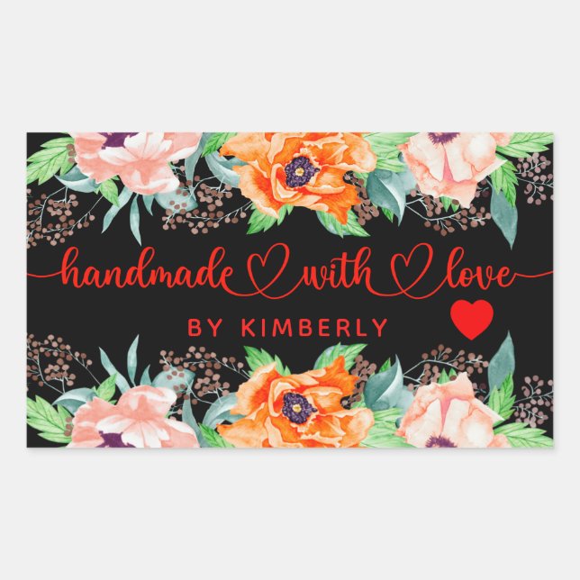 Handmade with Love Floral Black Rectangular Sticke Rectangular Sticker (Front)