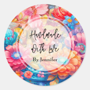 Handmade with Love Flower Bouquet Pink & Orange Classic Round Sticker