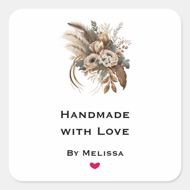 Handmade with Love Flowers Foliage and Feathers Square Sticker (Front)