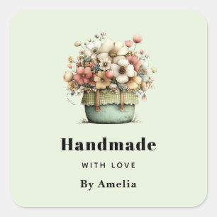 Handmade with Love Flowers in a Pot Cosy Cute Square Sticker