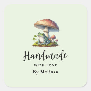 Handmade with Love Frog Under a Mushroom Cute Square Sticker