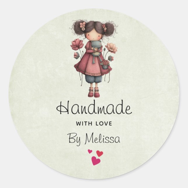 Handmade with Love Girl with A Frog Doll Cute Classic Round Sticker (Front)