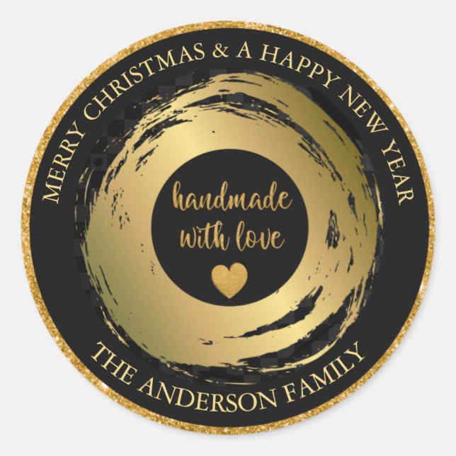 Handmade with love gold Christmas Classic Round Sticker (Front)