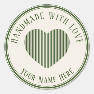 handmade with love green christmas stripes classic round sticker