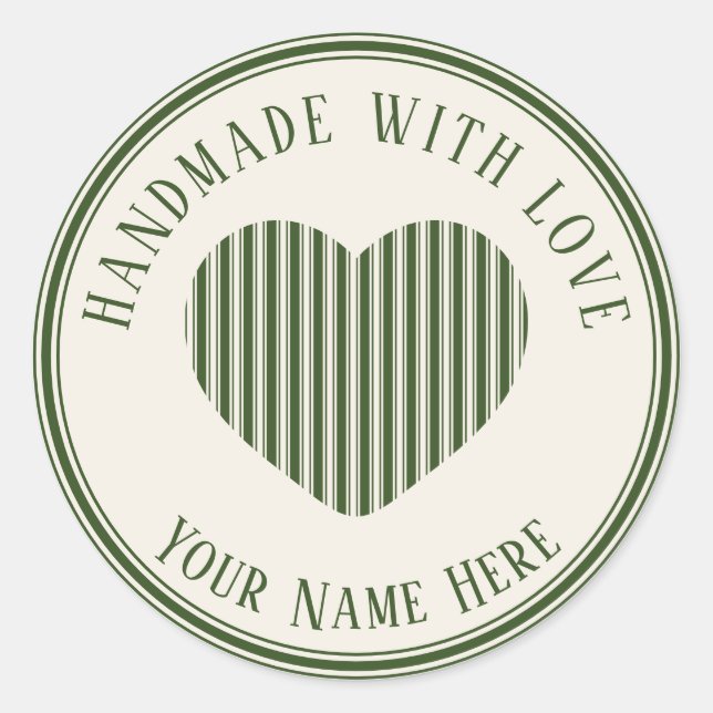 handmade with love green christmas stripes classic round sticker (Front)
