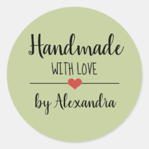 Handmade with love green script classic round sticker