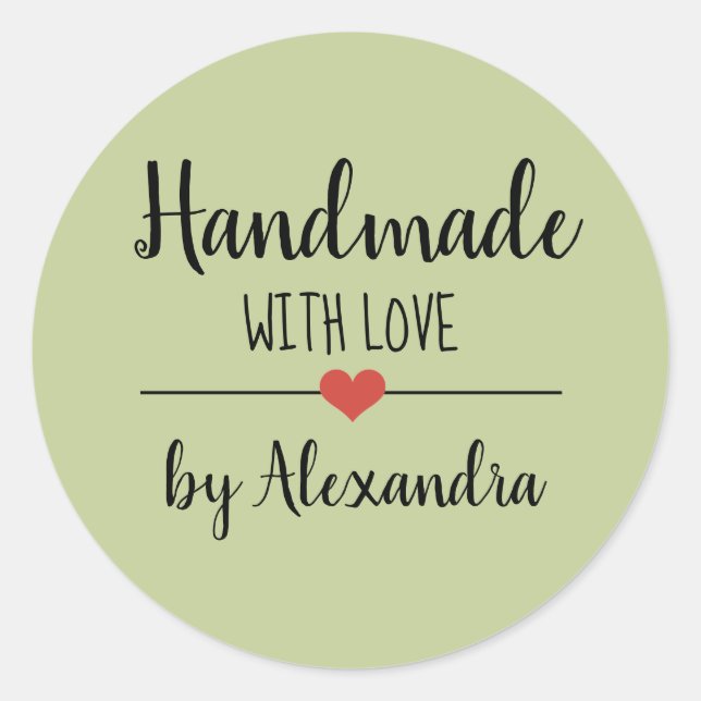 Handmade with love green script  classic round sticker (Front)