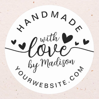 Handmade with Love Heart Name and URL Classic Round Sticker