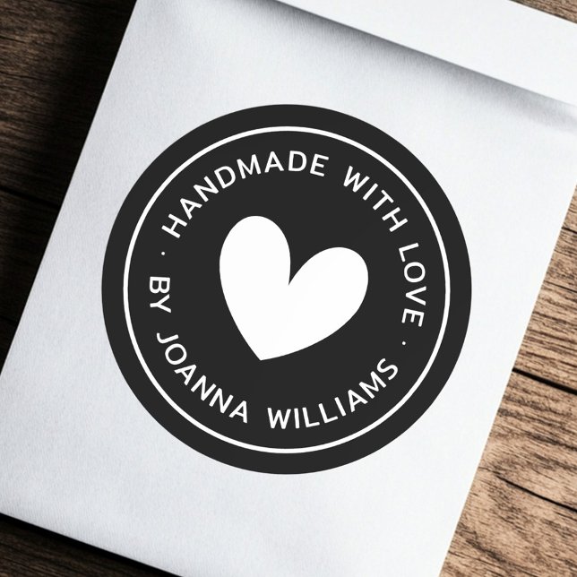 Handmade with love heart name black classic round sticker (Handmade with love heart name black classic round sticker)