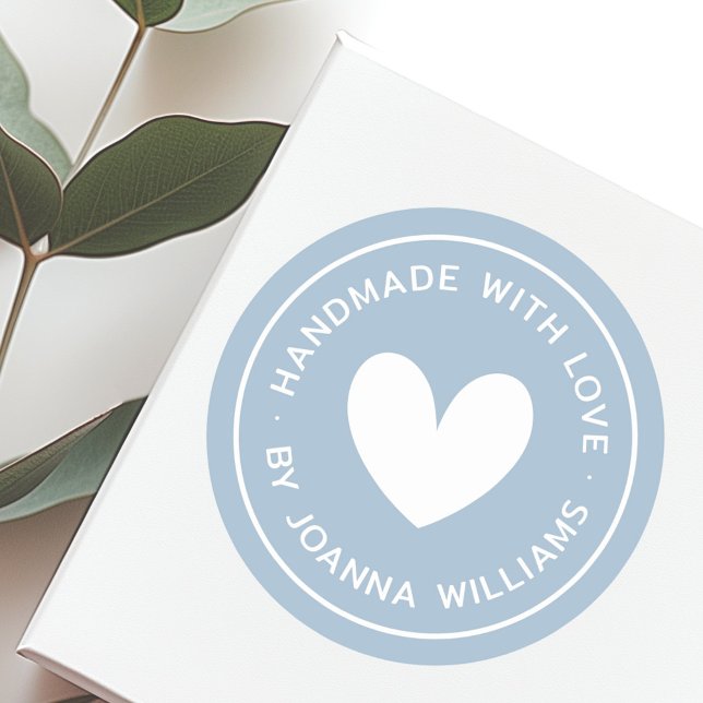 Handmade with love heart name dusty blue classic round sticker (Handmade with love heart name dusty blue classic round sticker)