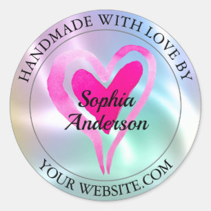 Handmade With Love, Heart & Name, Iridescent 2 Classic Round Sticker