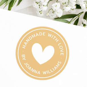 Handmade with love heart name mustard yellow classic round sticker