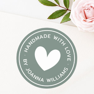 Handmade with love heart name muted pine green classic round sticker