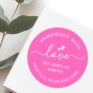Handmade with love heart name URL hot pink Classic Round Sticker