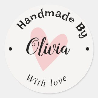 Handmade with love heart name URL terracotta white Classic Round Sticker