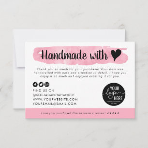 Handmade with Love Heart Pink Business Logo Here Thank You Card