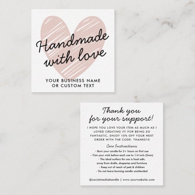 Handmade with Love Heart Thank You Candle Care Enclosure Card (Front/Back)