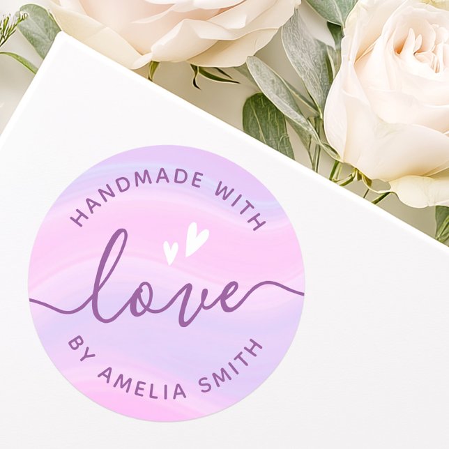 Handmade with love hearts add name pink purple classic round sticker (Handmade with love hearts add name pink purple classic round sticker)