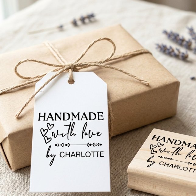 Handmade With Love Hearts Elegant Script Foliage Rubber Stamp (handmade with love foliage script rubber stamp)