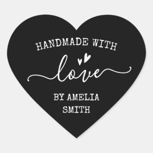 Handmade with love hearts name black brown heart sticker