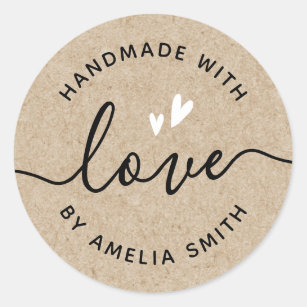 Handmade with love hearts name Kraft paper look Classic Round Sticker