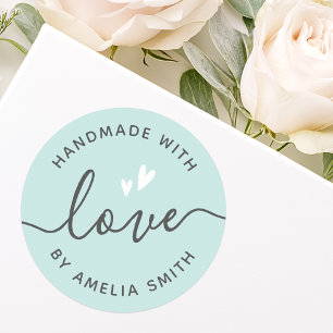 Handmade with love hearts name light aqua blue classic round sticker