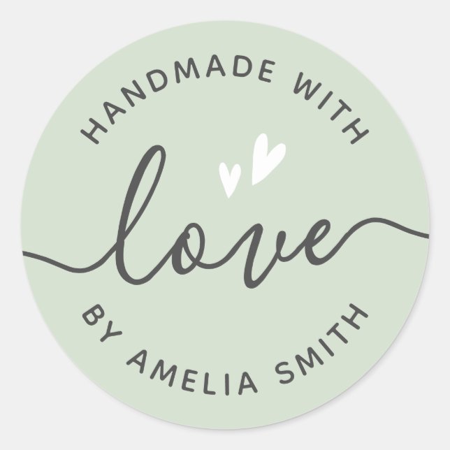 Handmade with love hearts name light sage green classic round sticker (Front)