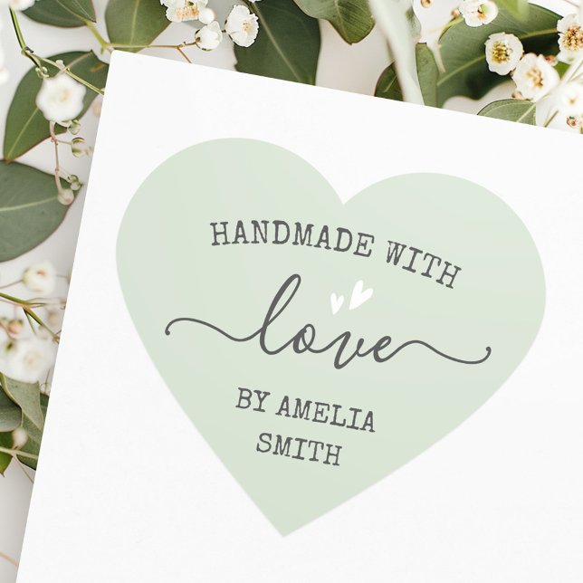Handmade with love hearts name light sage green heart sticker (Handmade with love hearts name light sage green heart sticker)