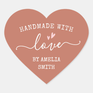 Handmade with love hearts name terracotta brown heart sticker