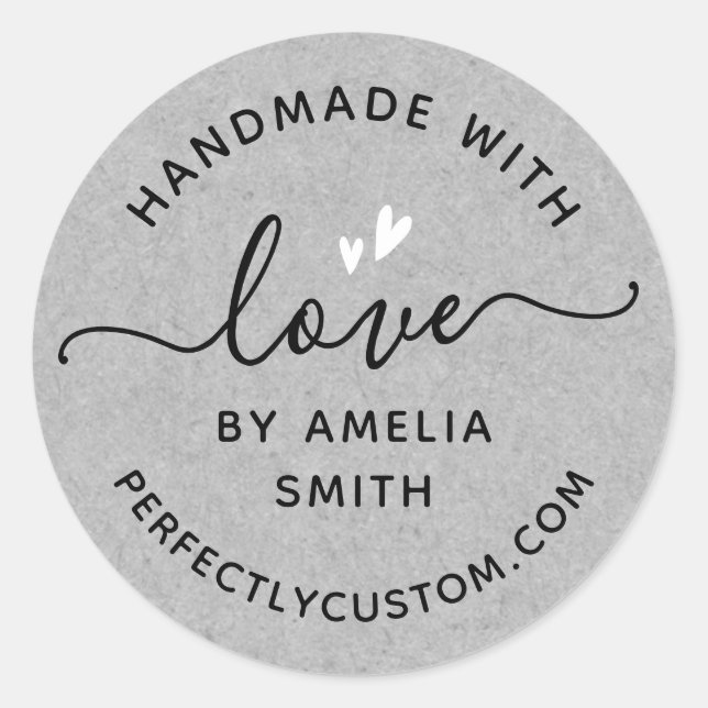 Handmade with love hearts name URL grey paper Classic Round Sticker (Front)