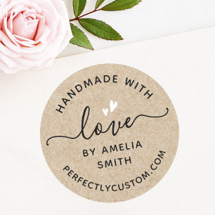 Handmade with love hearts name URL Kraft look Classic Round Sticker