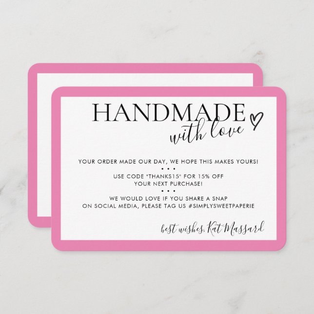 HANDMADE WITH LOVE insert modern chic candy pink Thank You Card (Front/Back)